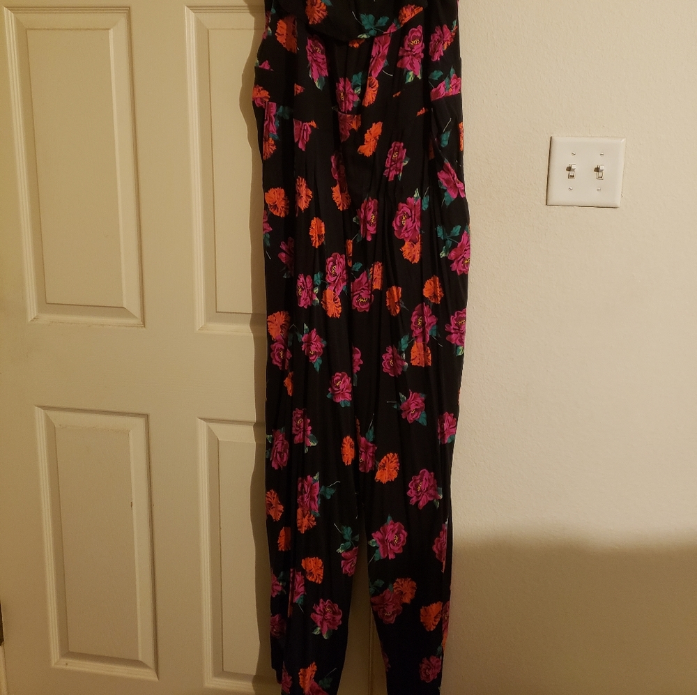 Torrid, Ruffle Jumpsuit, Orange and Pink Floral, Black Jumpsuit, Size 4 - Picture 2 of 4